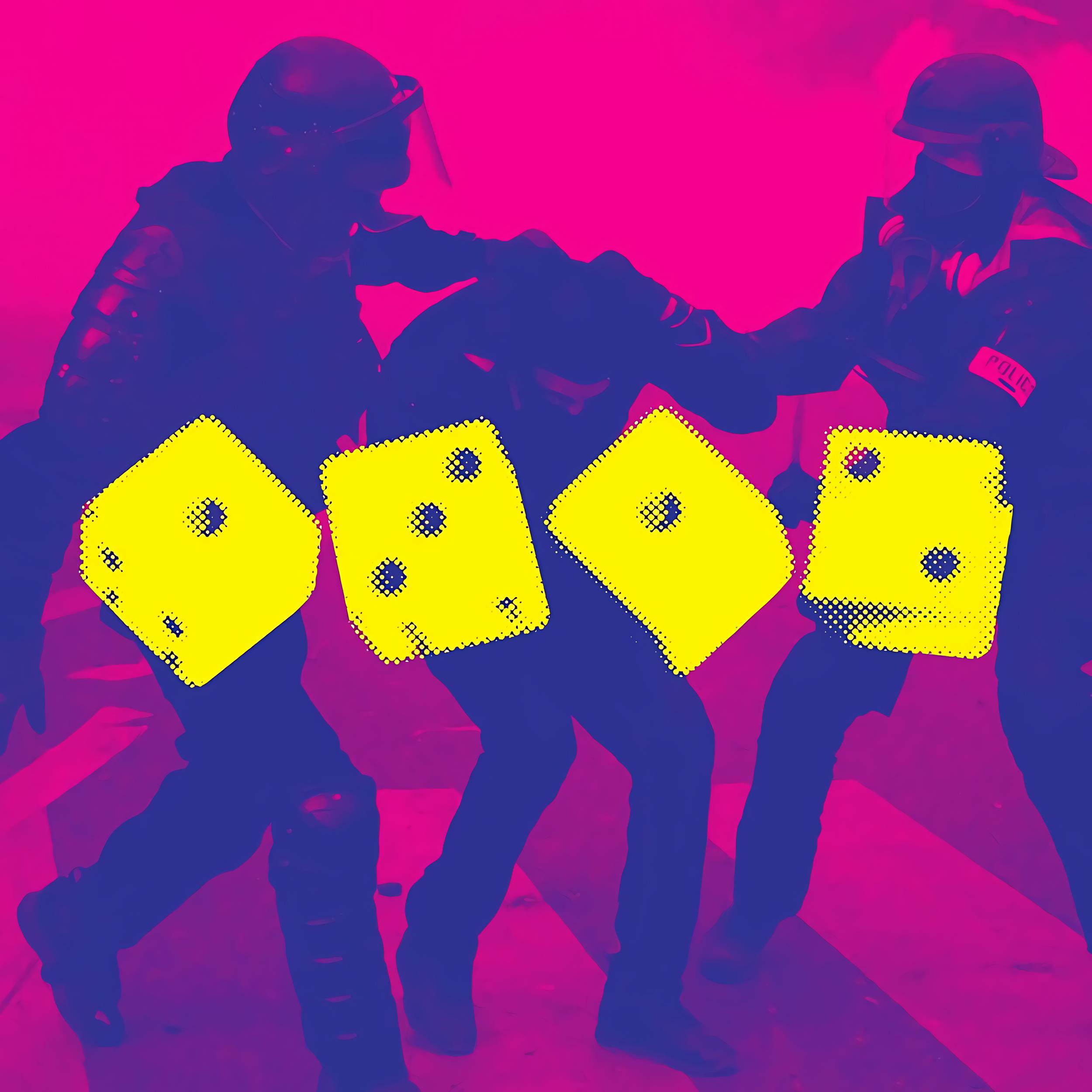 Colorful sticker with police officers in the background. In the foreground are four dice, showing the numbers 1, 3, 1 and 2.