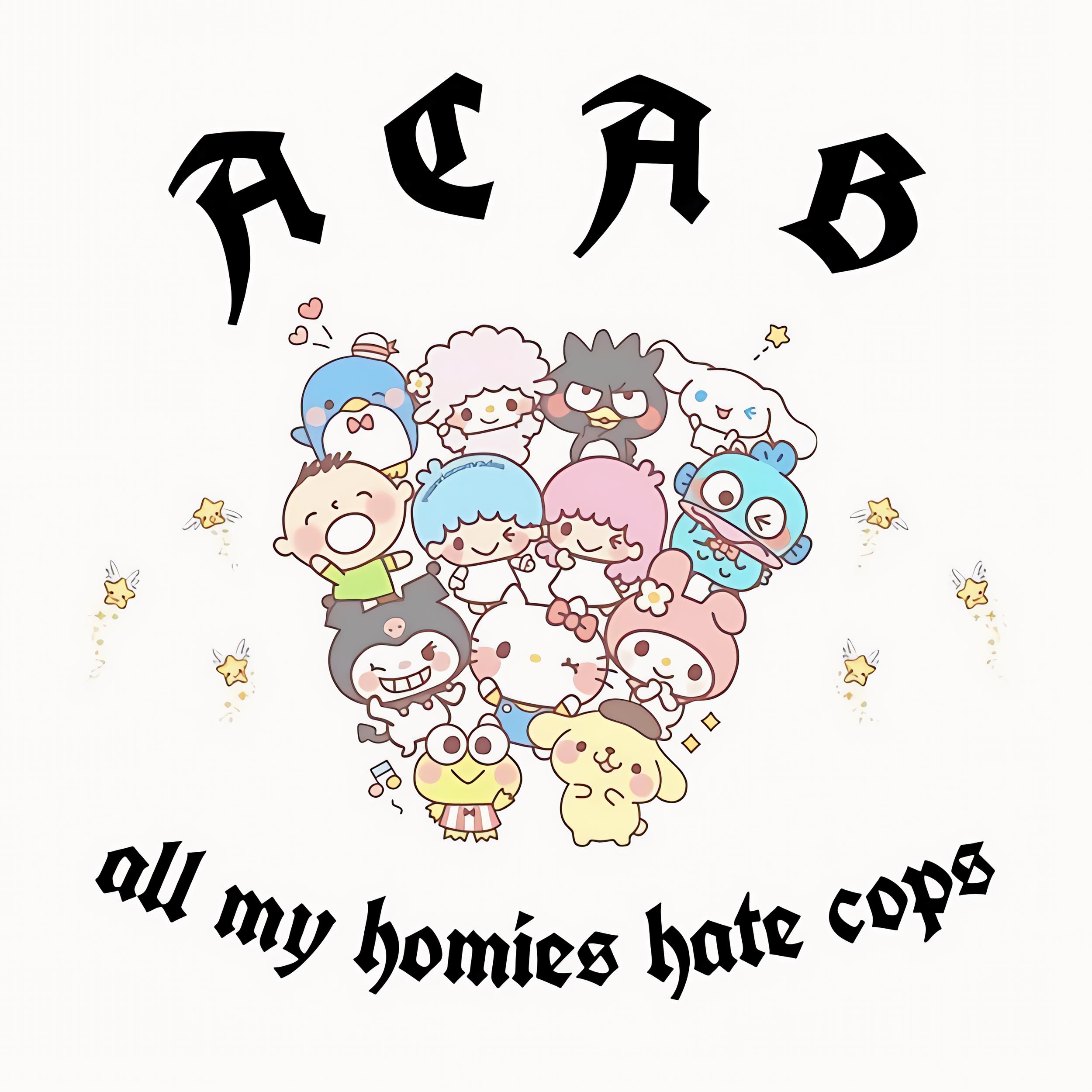 A collection of Sanrio characters. Above them, a text reads 'ACAB', below 'All my homies hate cops'.