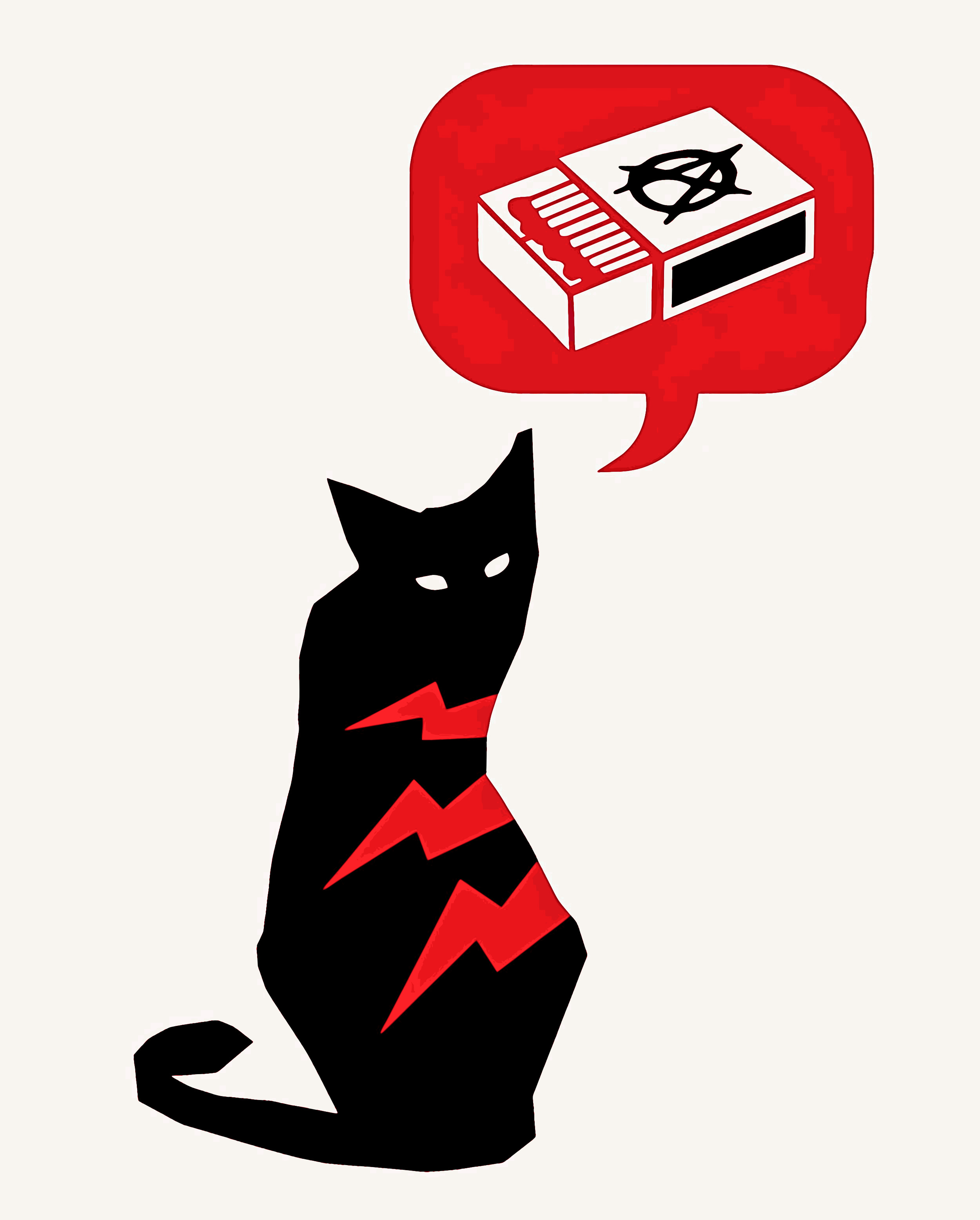 The silhouette of a cat with a speech bubble coming from it. In it a matchbox with a circle a on it is displayed.