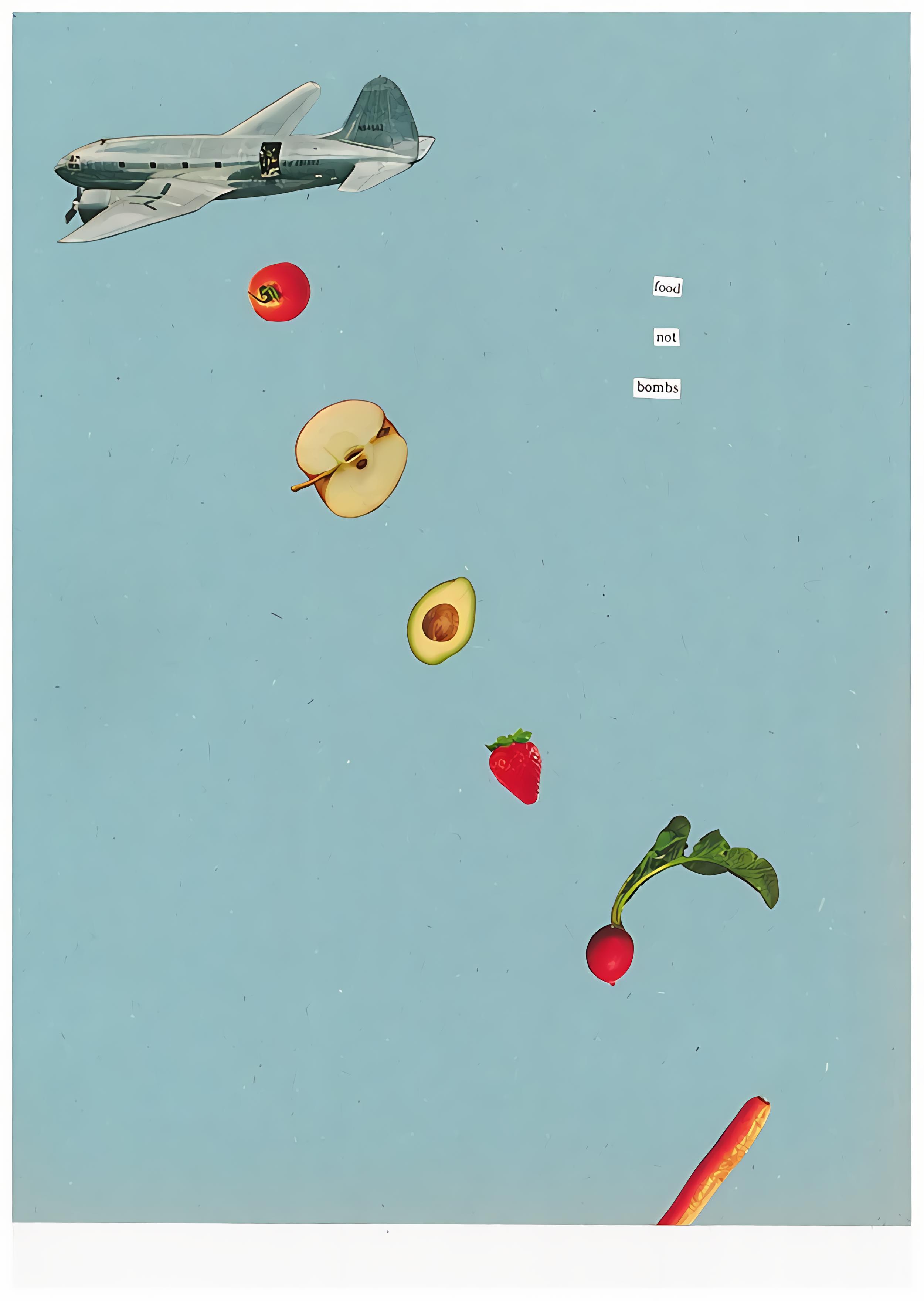 A plane dropping down fruit and vegetables. Below, a text reads 'food not bombs'.