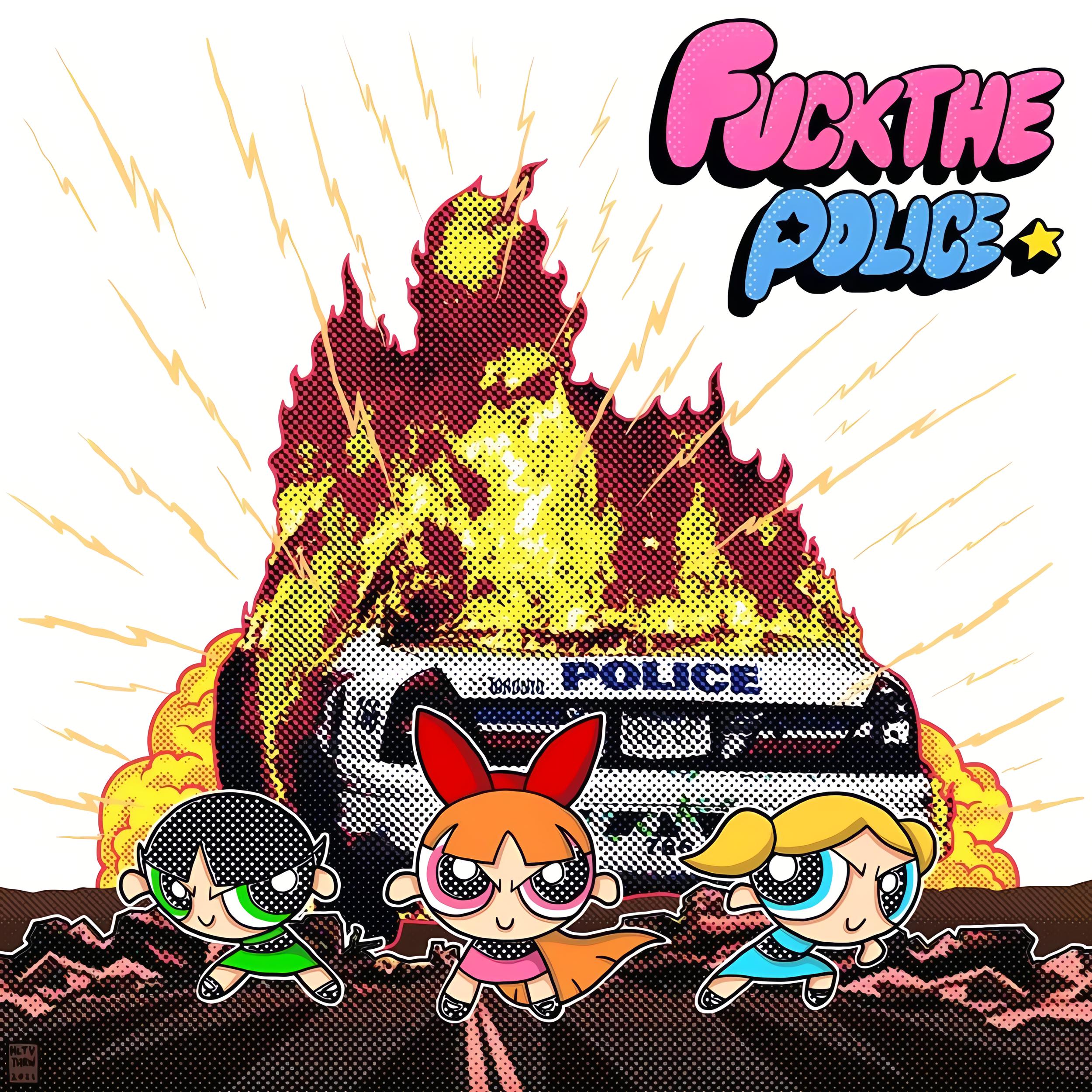 Die Powerpuff-Girls, die grinsend von einem brennenden Polizeiauto wegfliegen. Oben steht in einem Font, der deren Logo ähnlich ist, Fuck the Police.