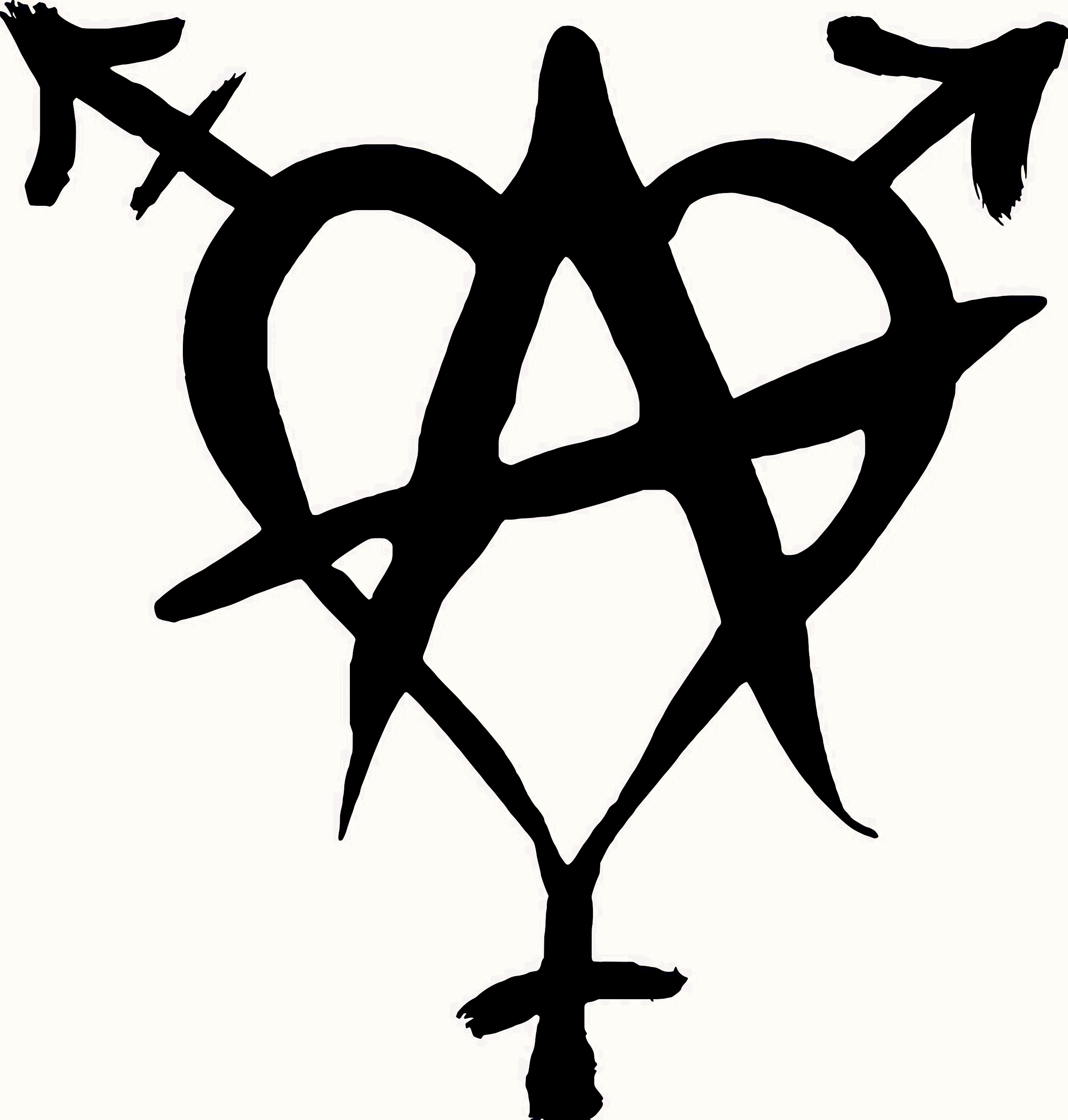 Eine Mischung aus einem Herzen, dem Trans-Symbol und dem Circle A.