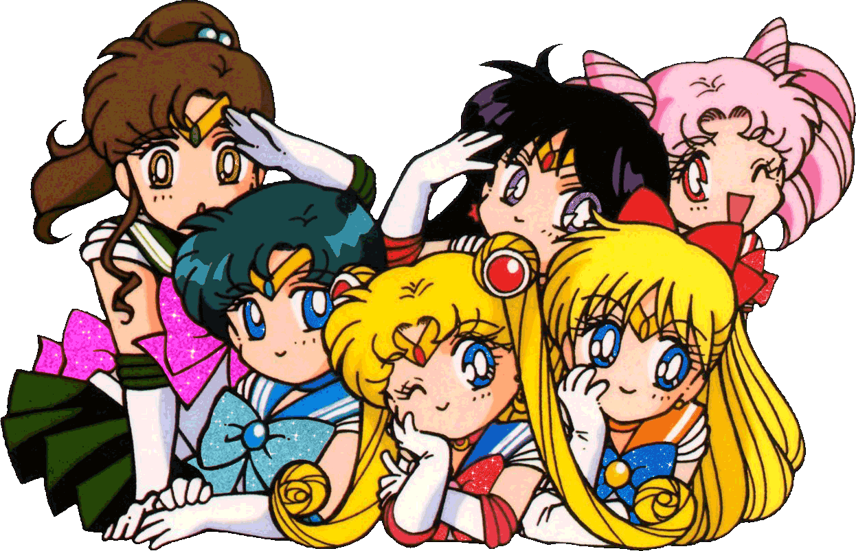 Glitzerndes Gruppenbild von Sailor Moon, Merkur, Venus, Jupiter, Mars und Chibi Moon.