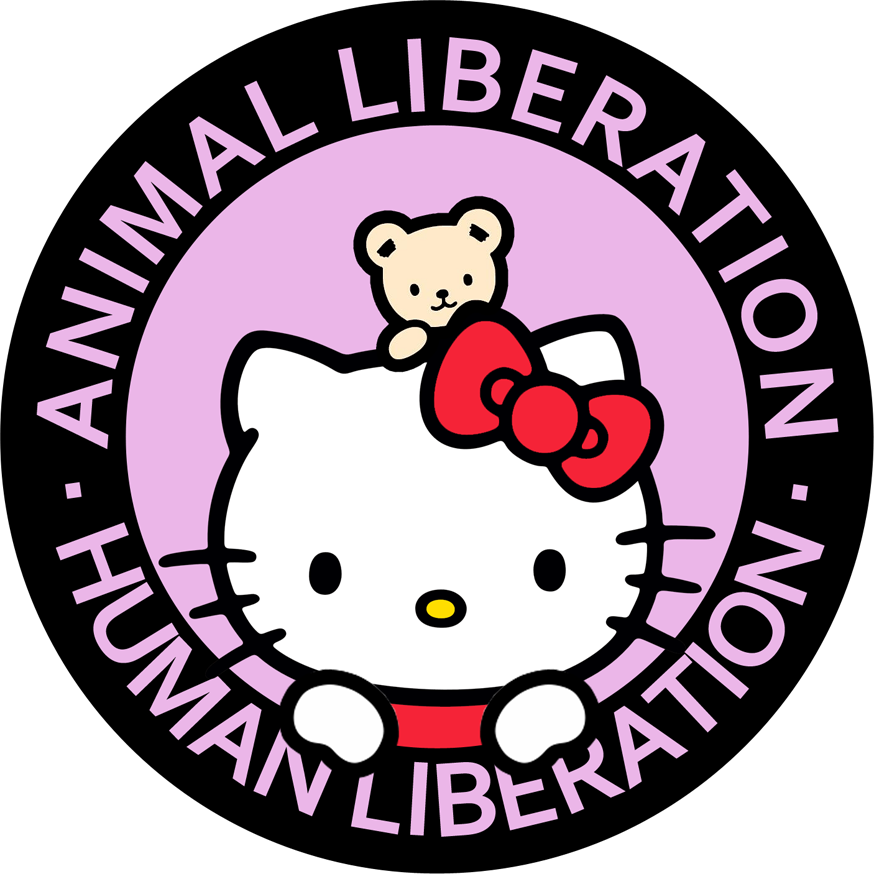 Ein Runder Sticker mit Hello Kitty mit einem Teddybären auf dem Kopf. Oben steht Animal Liberation, darunter Human Liberation.