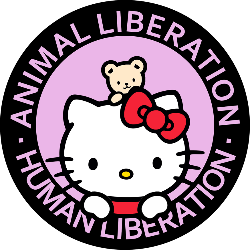 A round sticker with Hello Kitty with a teddy on her head. Above her a text reads Animal Liberation, below her Human Liberation.