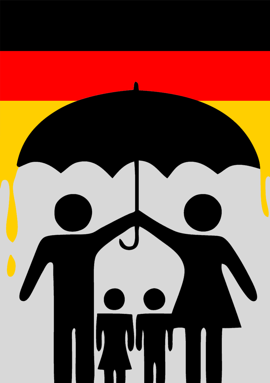 Zwei Erwachsene, die ein Kind mit einem Regenschirm vor der Deutschland-Flagge schützen.