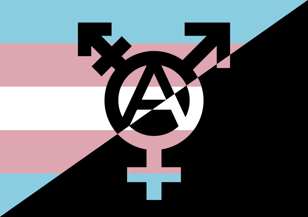 Das Trans-Symbol mit integriertem Circle A. Der Hintergrund ist diagonal geteilt und zur Hälfte die Trans-Flagge, zur Hälfte schwarz.