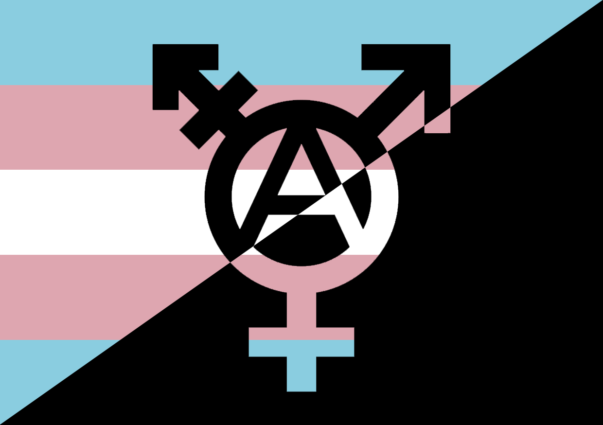 The trans symbol with an integrated circle a. The background is split diagonally between the trans flag and a black background.