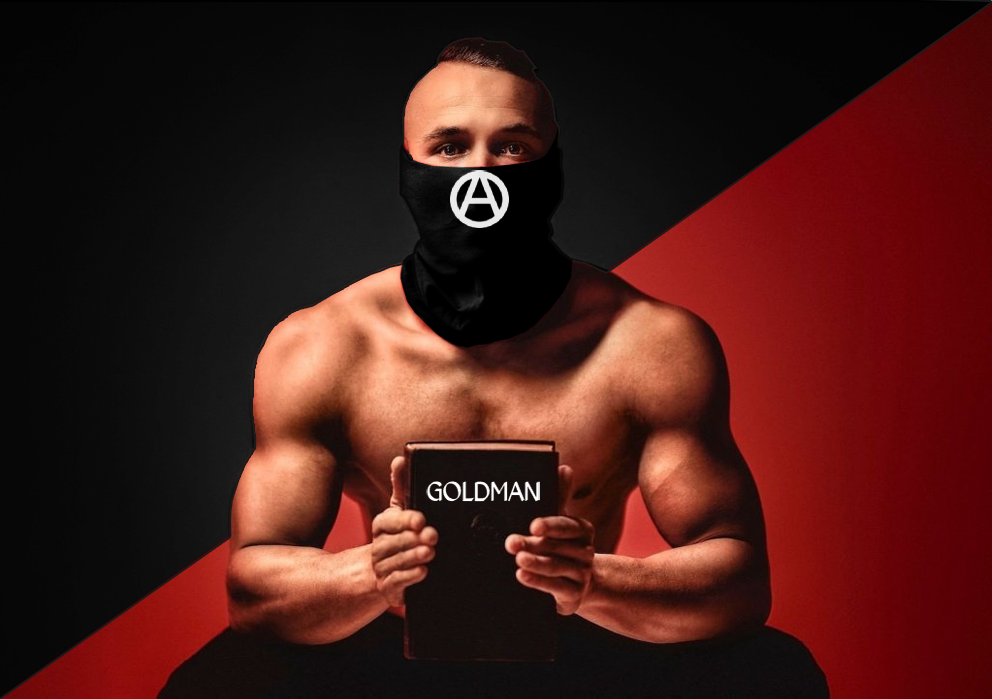 An edited image of the german communist rapper Vizzion who now has an anarchocommunist flag in the background an a circle a on his black bandana. He also now holds a book in his hands that says Goldman.