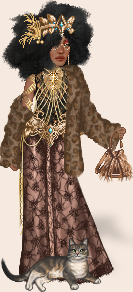 Gosupermodel-Figur mit einem schwarzen Afro, brauner Haut und einer braunen Jacke mit Leopardenmuster über einem brauen Kleid. Sie ist über und über mit goldenem Schmuck behangen und trägt eine goldene Krone und eine braune Handtasche. Zu ihren Füßen liegt eine braune Katze.