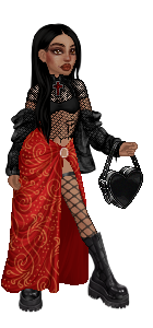 Gosupermodel-Figur mit schwarzen, glatten Haaren, brauner Haut, einem kurzen, schwarzen Oberteil und einem Netzoberteil darunter. Sie trägt außerdem eine schwarze Tasche in Herzform, einen roten, an der Hüfte zusammengehaltenen Rock und schwarze Stiefel.