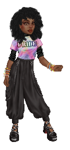 Gosupermodel-Figur mit einem violetten Shirt, auf dem 'Pride' steht, vielen Armbändern, einer weiten, schwarzen Hose und einem schwarzen Afro. Sie hat braune Haut und trägt schwarze Schuhe mit Riemen.