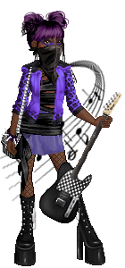 Gosupermodel-Figur mit zwei dunkelvioletten Zöpfen, einer Jacke und einem Rock in der gleichen Farbe und dunkler Haut. Ihr um den Bund gebundenes Bandana, das Top, die Tasche, die Gitarre und die Stiefel sind schwarz. Hinter ihr sind musikalische Noten.