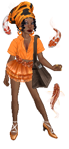 Gosupermodel-Figur mit einem orange-schwarzen Turban, aus dem einige Locken herausschauen, brauner Haut und drei Koifischen, die um sie herum schwimmen. Sie trägt ein oranges Hemd, einen kurzen, orangen Rock und orange Schuhe mit weißen Riemen. Über der Schulter hat sie eine braune Umhängetasche.