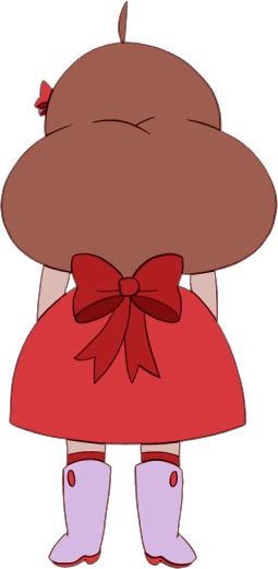 Bee from Bee and Puppycat from behind. She has fluffy brown hair and wears an equally fluffy dress with a big red bow on the back.